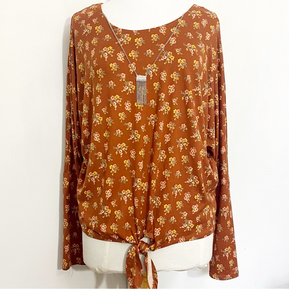 IZ BYER Floral Dolman Sleeve Tie-Front Hem Womens Blouse Removable Necklace L